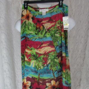Ilyse Hart Tropical Print Green Pink Turquoise with Bling Midi Skirt Size 14 NWT